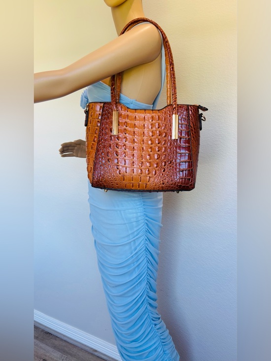 N/A Handbags - Croc-Embossed Shoulder Tote in Cognac Brown with Gold Accents and strap